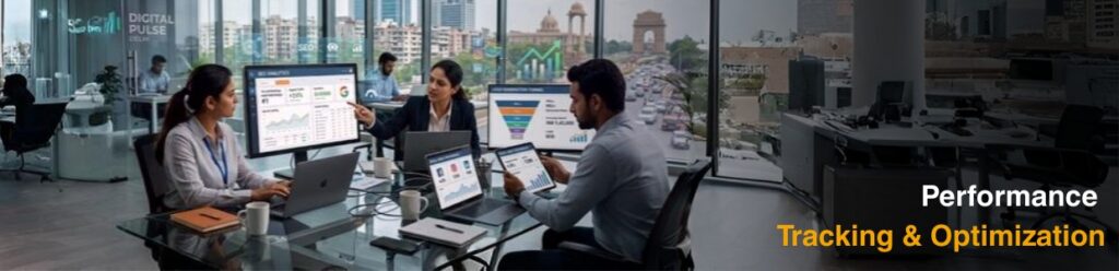 Digital marketing analytics dashboard showing performance reports, traffic insights and growth strategy planning