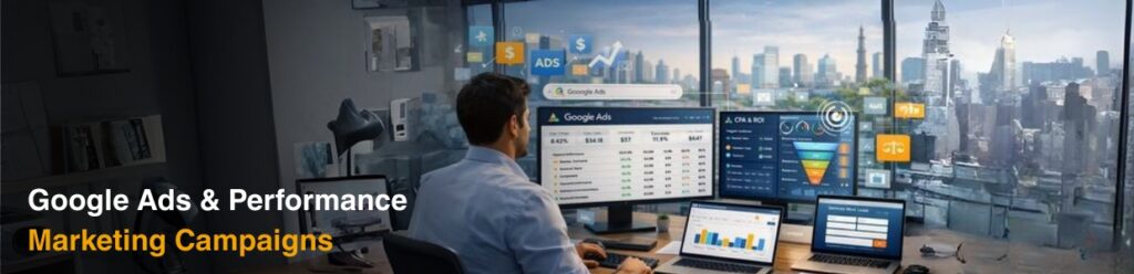 Google Ads performance marketing campaigns dashboard showing PPC analytics, ad performance and conversion tracking