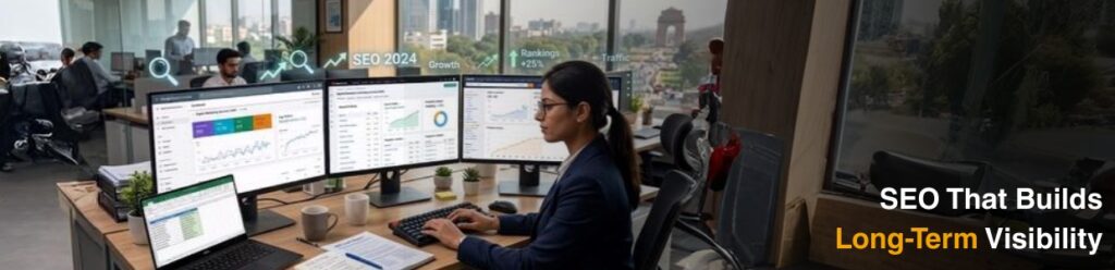 SEO expert analysing website ranking dashboards and analytics for digital marketing strategy in Delhi