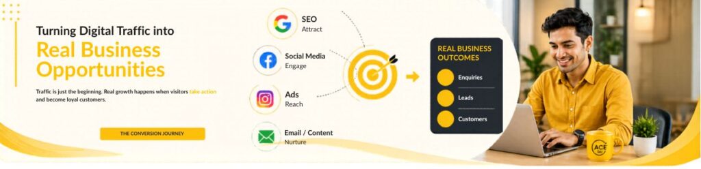 Digital marketing funnel showing SEO, social media, ads and email converting traffic into leads, enquiries and customers with professional working on laptop | Ace360 degree