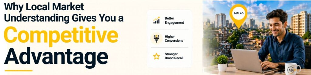Local market understanding in Malad showing improved engagement, higher conversions and stronger brand recall with professional working on laptop in city backdrop | Ace360 degree
