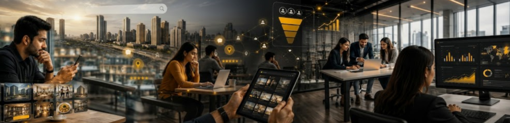 A split image showing a professional working environment. On the left, a man is looking at his phone with a digital cityscape and icons representing online search and reviews. On the right, a group of professionals collaborate at a table with a digital dashboard displaying charts and graphs related to performance and data analytics.