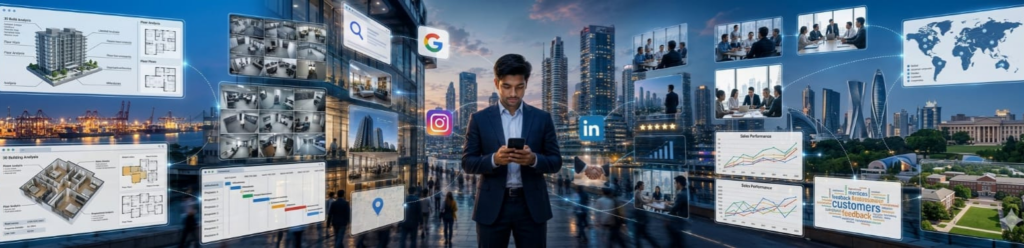 Business professional using a smartphone surrounded by floating digital marketing dashboards, SEO analytics, social media icons, sales charts, and virtual business meeting screens in a futuristic city environment.