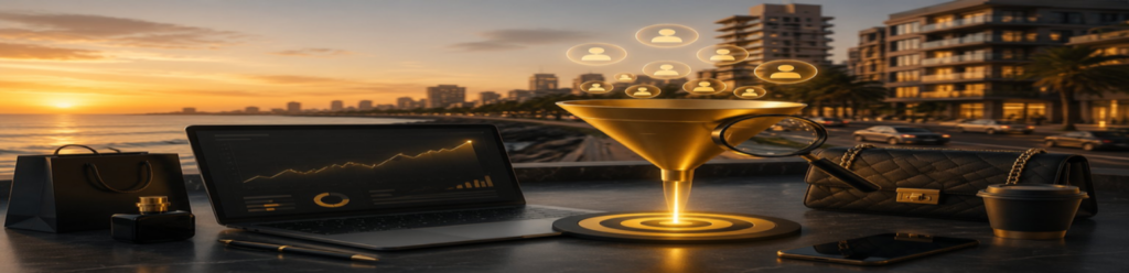 Luxury digital marketing and customer acquisition workspace featuring a laptop with analytics graphs, glowing lead generation funnel, audience targeting icons, premium fashion accessories, and a modern coastal city skyline at sunset representing high-end brand growth and performance marketing.