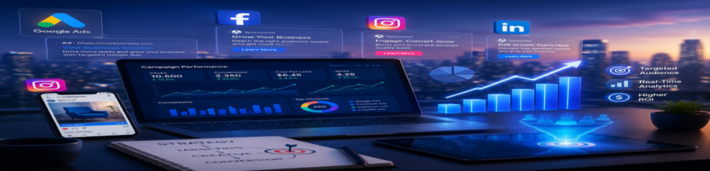 Digital marketing analytics illustration showing social media advertising campaigns, business growth dashboards, audience targeting, conversion tracking, ROI optimization, and lead generation performance across multiple online platforms.