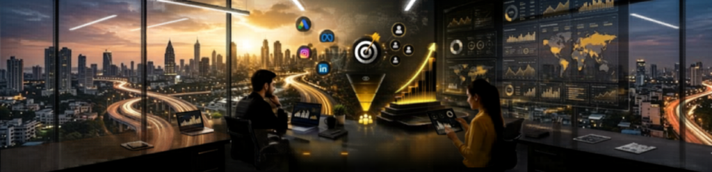 A modern office with a stunning cityscape view at sunset. Two professionals sit at a desk, one looking at a laptop displaying data, while the other interacts with a tablet. Floating icons representing social media platforms and analytics graphics surround them, symbolizing digital marketing and data-driven strategies. The background features a large digital dashboard with charts, graphs, and maps.