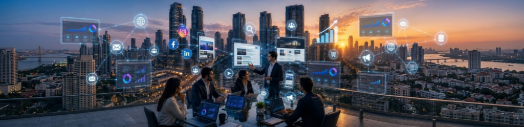 Business team discussing digital marketing strategy on a rooftop overlooking a modern city skyline, surrounded by virtual analytics dashboards, social media icons, SEO metrics, and connected digital communication elements at sunset.