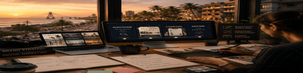 Creative digital marketing workspace featuring brand strategy planning, content creation, social media research, audience targeting dashboards, and visual storytelling tools overlooking a luxury coastal city skyline at sunset, representing modern branding, digital growth, and content marketing strategy.