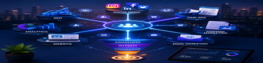 Integrated digital marketing ecosystem illustration showing SEO, social media marketing, paid ads, content marketing, email marketing, website analytics, and conversion funnel strategies driving audience engagement and business growth.