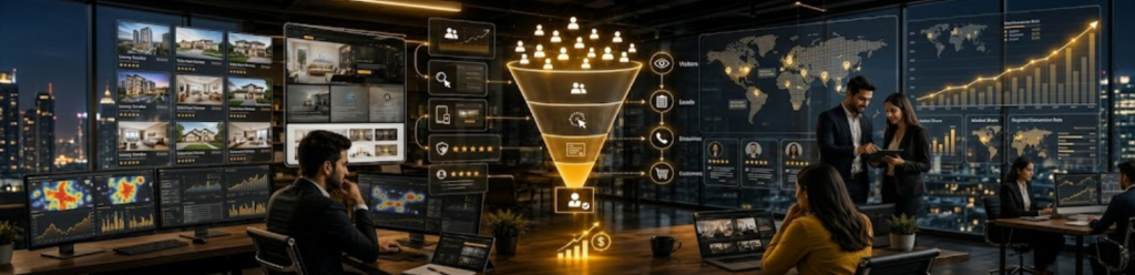 A modern office with a panoramic cityscape view at night. A group of professionals is working at a desk, with digital screens displaying various data and analytics related to marketing and sales funnels. The background features a large digital display of world maps, graphs, and charts, while a glowing sales funnel graphic visualizes the flow from visitors to customers.