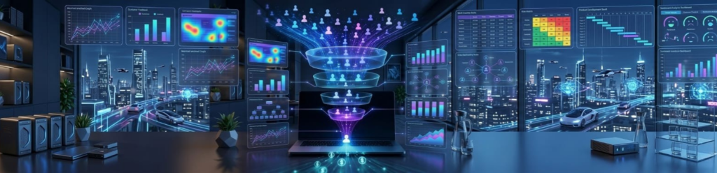 Futuristic digital marketing and customer analytics dashboard displaying sales graphs, audience funnels, heatmaps, and performance metrics in a modern smart office overlooking a high-tech city skyline at night.