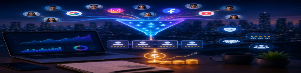 Digital customer acquisition and performance marketing dashboard featuring social media audience funnels, lead generation analytics, customer conversion tracking, engagement ratings, revenue growth charts, and multi-platform marketing visuals in a futuristic corporate workspace overlooking a city skyline at night.