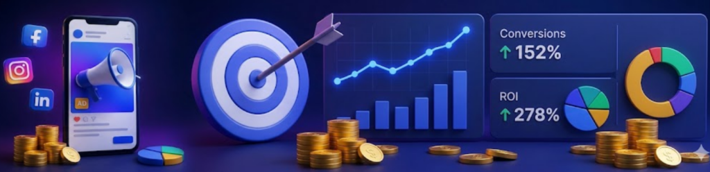 3D digital marketing analytics illustration featuring social media advertising, target audience strategy, conversion growth charts, ROI metrics, and revenue performance dashboards with coins and business data visuals.