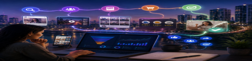 Digital customer journey illustration showing content discovery, audience engagement, social media interaction, online reviews, conversion tracking, and performance analytics through a modern digital marketing workflow.