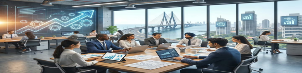 Modern corporate digital marketing office with professionals collaborating on laptops and analytics dashboards, featuring business growth charts, SEO performance visuals, strategy meetings, and a large city skyline with a sea-link bridge view representing data-driven marketing, teamwork, and business expansion.
