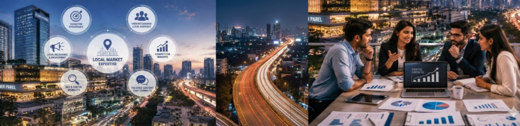 Business professionals discussing digital marketing growth strategy in a modern office overlooking a city skyline at night, featuring analytics dashboards, SEO insights, local market expertise icons, sales charts, and urban business infrastructure visuals.