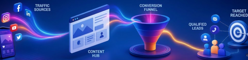 3D digital marketing workflow illustration showing social media traffic sources driving users to a content hub, conversion funnel, qualified leads, and target audience acquisition through strategic online marketing.