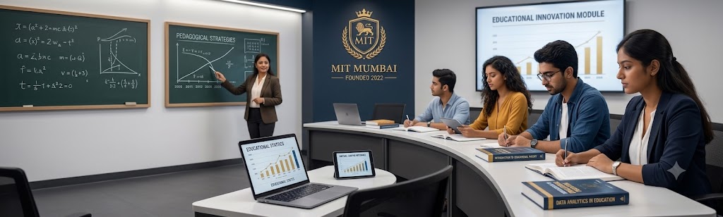 Students attending a modern classroom lecture at MIT Mumbai with educational analytics dashboards, teaching presentations, data-driven learning strategies, and academic performance visuals.