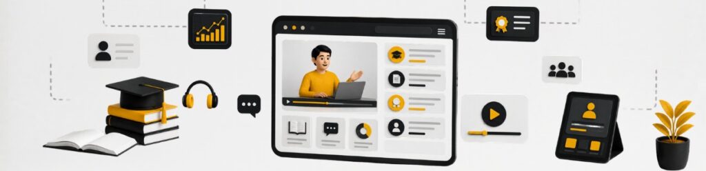 Educational LMS dashboard illustration showing online learning, virtual classrooms, student management, digital courses, and interactive e-learning platform features.