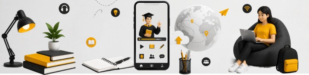 3D online education concept showing mobile learning, virtual classes, global e-learning access, student engagement, and digital study tools.