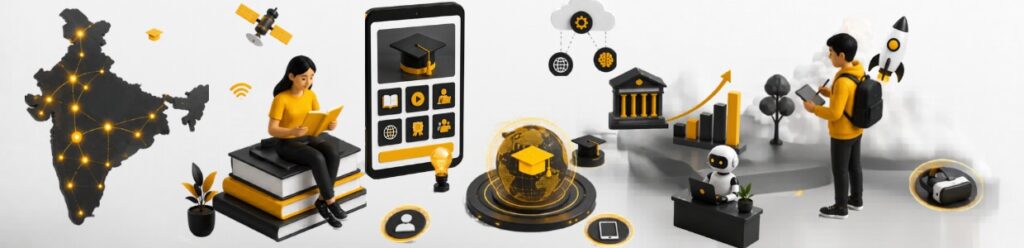 Future-ready educational technology concept showing digital learning in India, mobile education platforms, AI-powered learning, online courses, and student growth through e-learning innovation.