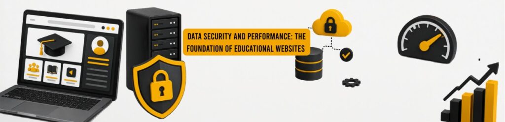 Educational website security and performance illustration showing secure LMS platform, data protection shield, cloud security, server management, and website speed optimization elements.