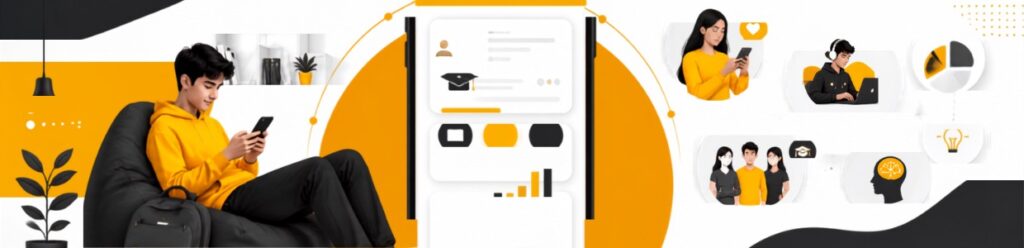 Student using a mobile learning platform to explore educational programs, student services, and digital learning opportunities.