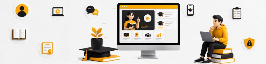 Educational Website Development Pune featuring a responsive e-learning website with student portal, online courses, digital learning, admissions, SEO, and educational technology icons.