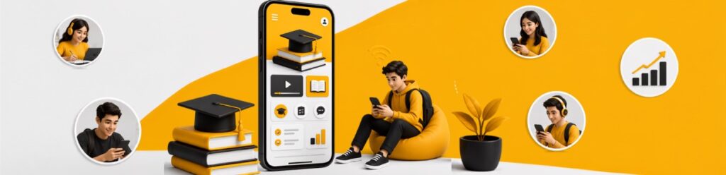 Educational Website Development Pune concept showing a mobile-responsive learning platform with students using smartphones, online education, digital engagement, and student admissions.