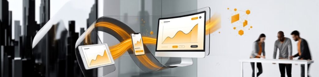 Responsive website design and digital growth analytics displayed across desktop, tablet, and mobile devices with a collaborative team in a modern office.
