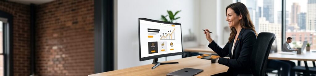 Digital marketing professional reviewing a website performance dashboard and growth analytics on a desktop computer in a modern office.