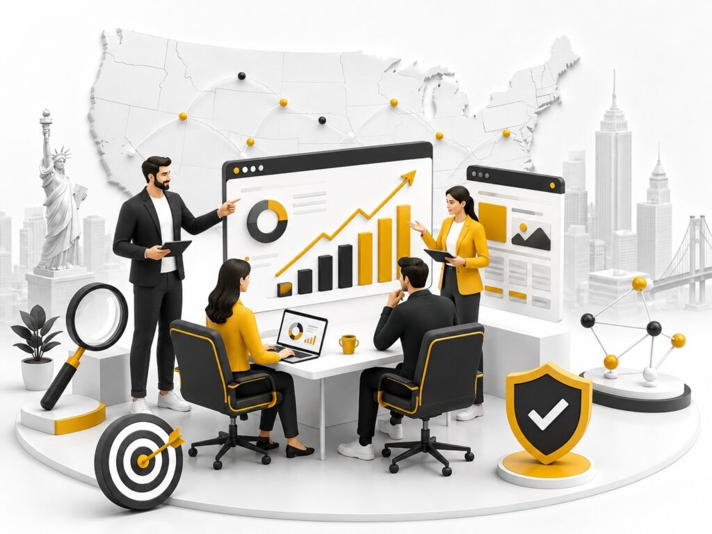 USA digital marketing strategy meeting with SEO analytics, business growth dashboard, performance marketing, keyword research, data analysis, and search engine optimization team collaboration | Ace360 Degree