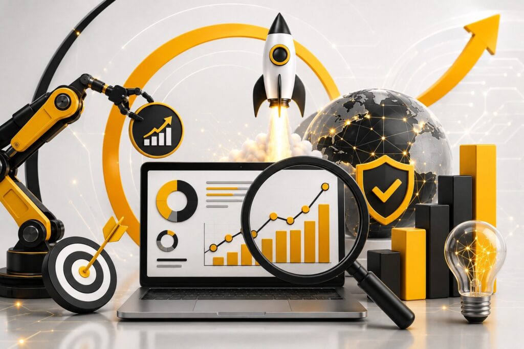 AI-powered digital marketing and SEO illustration featuring business growth analytics, search engine optimization, automation, global marketing, performance tracking, and data-driven business strategy | Ace360 Degree