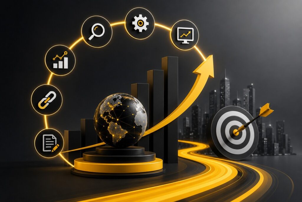 Global SEO strategy illustration featuring backlink building, keyword research, technical SEO, content optimization, performance analytics, website growth, and digital marketing success | Ace360 Degree