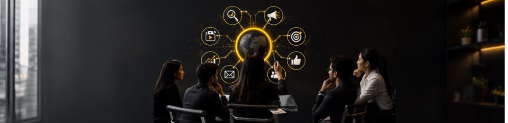 Digital marketing team planning global SEO strategy, social media marketing, content marketing, performance analytics, brand growth, and audience engagement campaign | Ace360 Degree