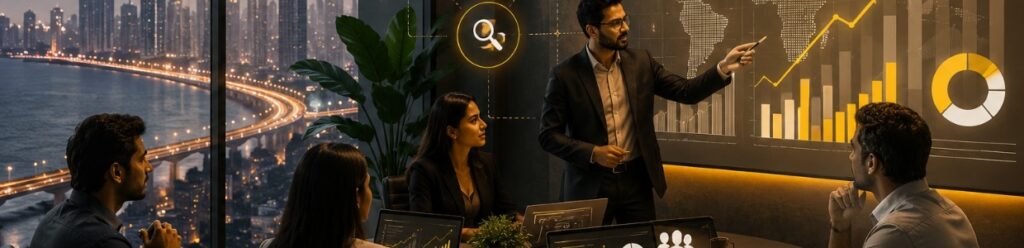 Business team analyzing digital marketing performance with SEO analytics, data visualization, growth strategy, and campaign insights in a modern office | Ace360 Degree