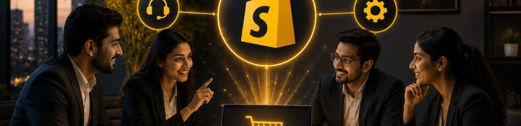Shopify development team collaborating on custom ecommerce solutions with Shopify platform, store management, customer support, and business automation features | Ace360 Degree