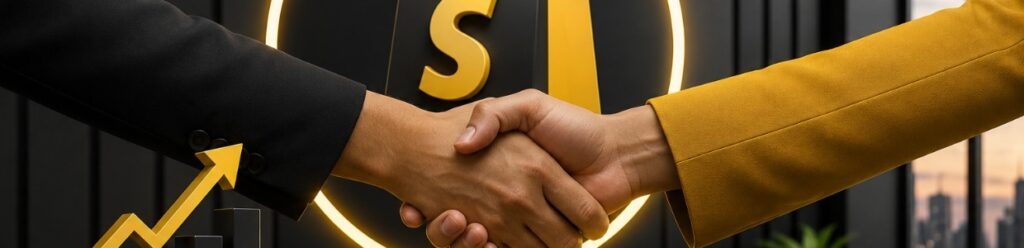 Shopify business partnership handshake symbolizing ecommerce collaboration, custom Shopify development, online store success, business growth, and digital commerce solutions | Ace360 Degree