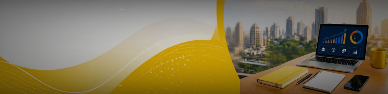 Digital marketing workspace with laptop showing analytics dashboard overlooking a modern city skyline | Ace360 degree