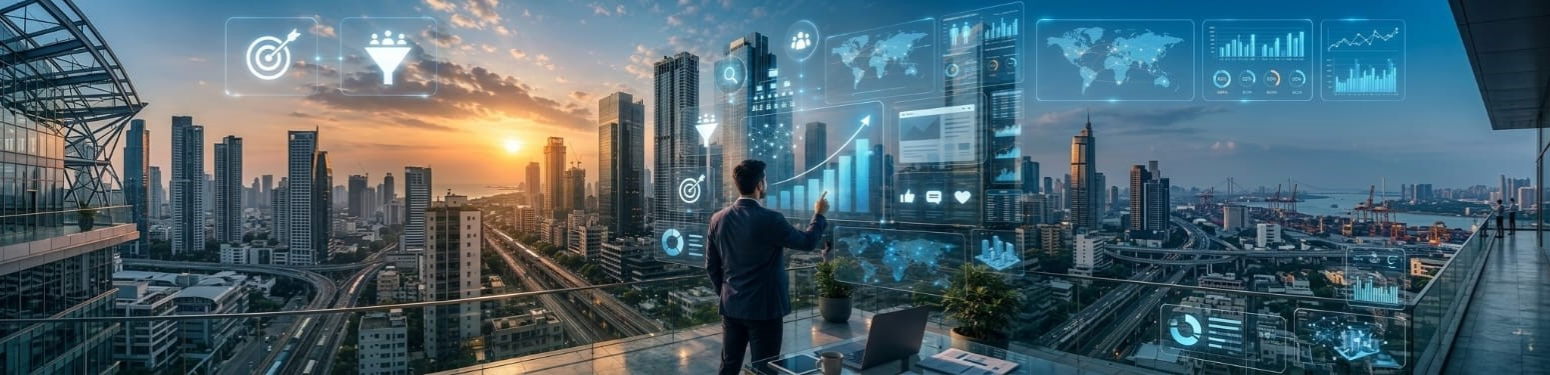 Business professional analyzing digital marketing and performance growth data on futuristic virtual dashboards overlooking a modern city skyline at sunset | Ace360degree