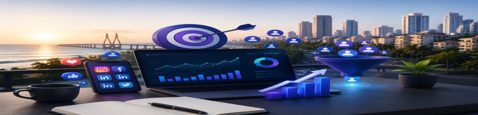 Digital marketing analytics workspace featuring a laptop with performance graphs, social media icons, customer targeting funnel, growth charts, and audience engagement visuals overlooking a modern Mumbai skyline at sunset | Ace360degree