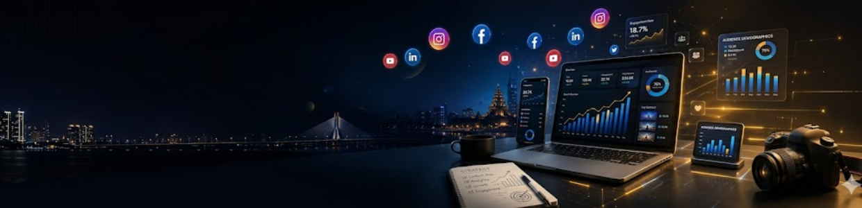 Laptop and mobile devices displaying social media analytics dashboards with floating social media icons against a nighttime city skyline | Ace360degree