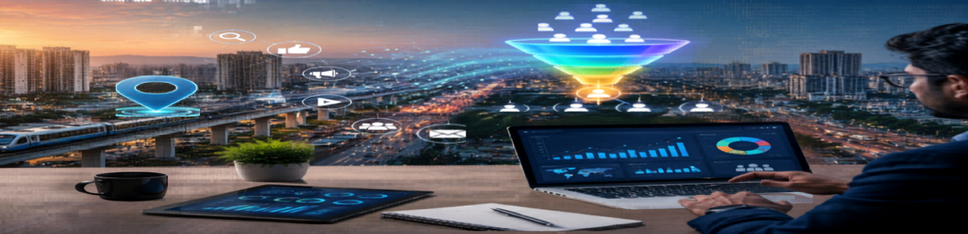 Digital marketing strategy illustration showing a professional analyzing business growth dashboards, audience targeting funnel, social media engagement icons, and online lead generation analytics over a modern cityscape | Ace360degree