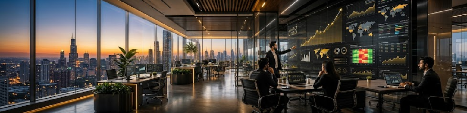 A modern office with large glass windows showing a city skyline at sunset. Inside, a group of professionals sits around a table, while one person presents data on a large digital screen showing graphs and maps | Ace360degree