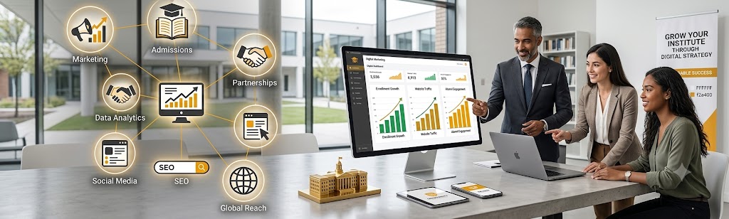 Professional digital marketing presentation for educational institutes featuring SEO, admissions, social media marketing, analytics, partnerships, and global student reach strategies | Ace360degree