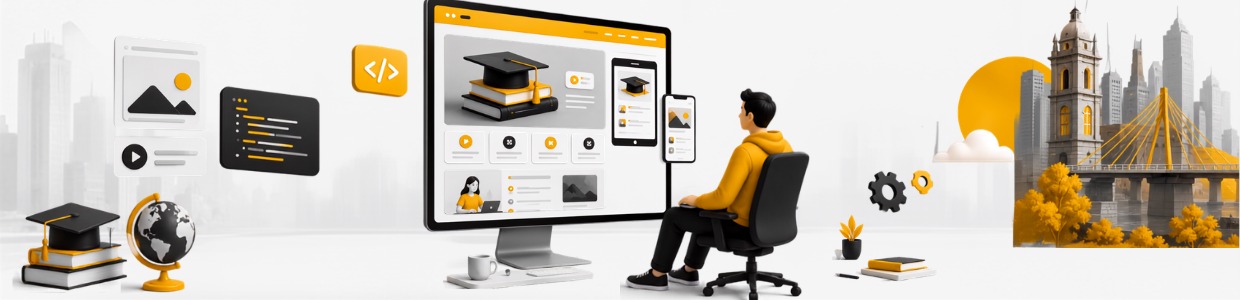 Educational Website Development Pune concept showing a modern responsive institute website on desktop and mobile with SEO, e-learning, and digital education elements | Ace360degree