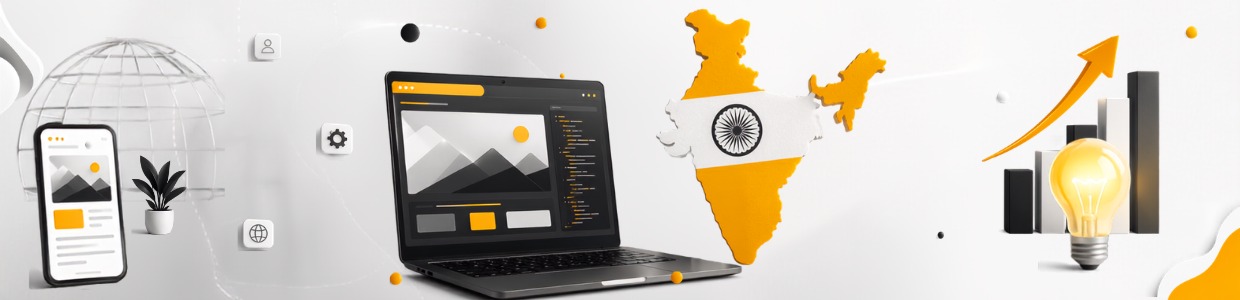 Website development and digital growth services in India with laptop, mobile interface, India map, analytics chart, and innovation concept | Ace360degree