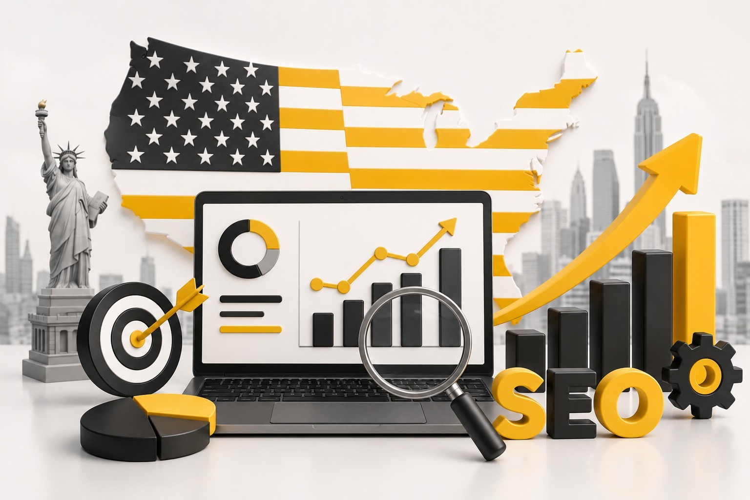 Alt Text: USA SEO services illustration featuring United States map, search engine optimization analytics, keyword research, performance tracking, website rankings, and digital marketing growth strategy | Ace360 Degree