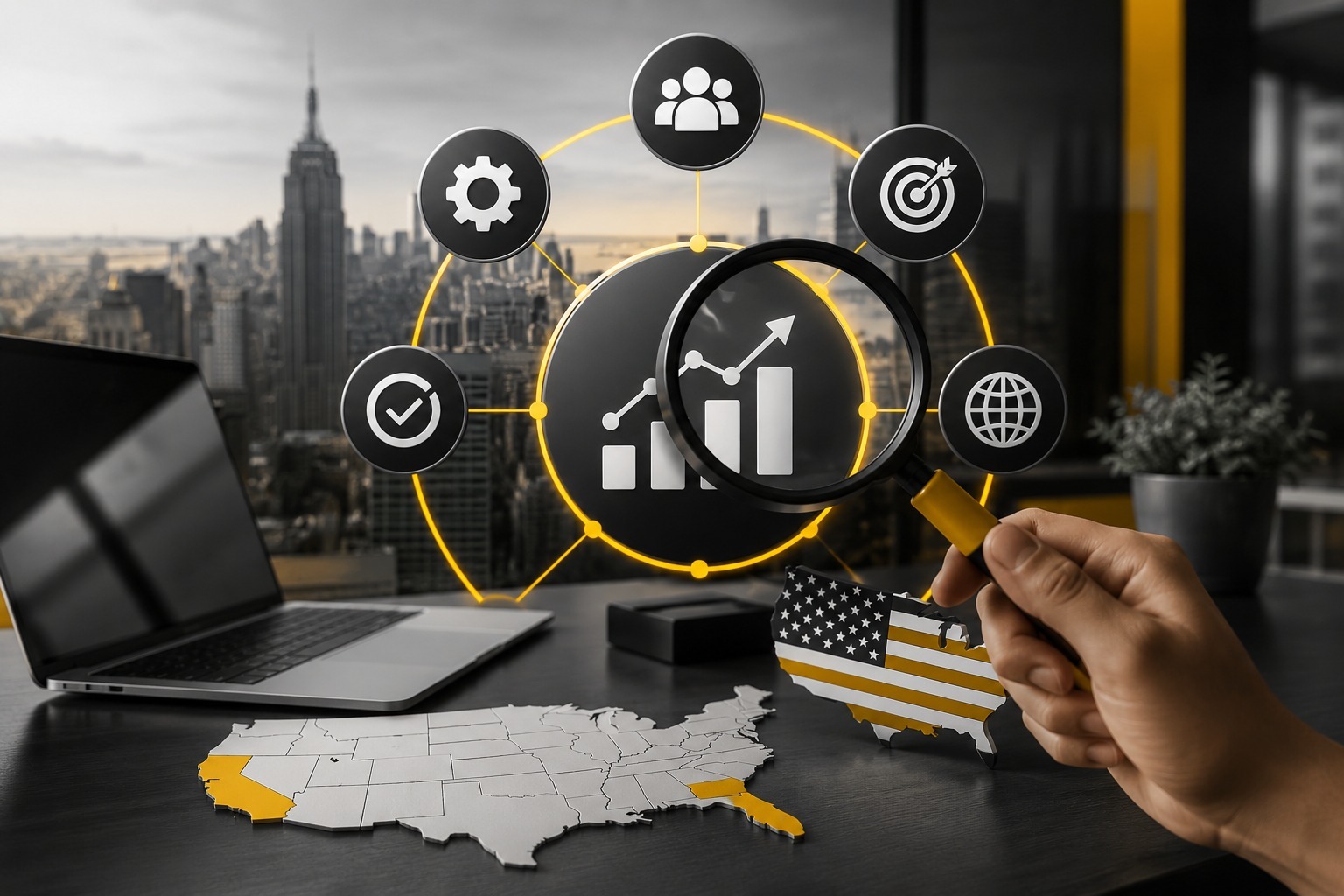 USA SEO strategy and digital marketing analytics with business growth dashboard, audience targeting, performance optimization, search engine optimization, and market expansion illustration | Ace360 Degree