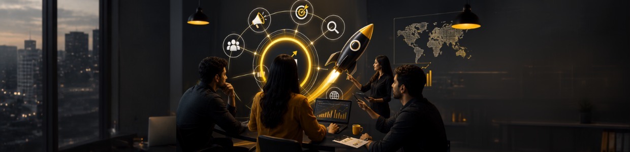 Digital marketing strategy team collaborating on SEO, AI marketing, performance analytics, global business growth, keyword research, and campaign optimization in a modern office | Ace360 Degree